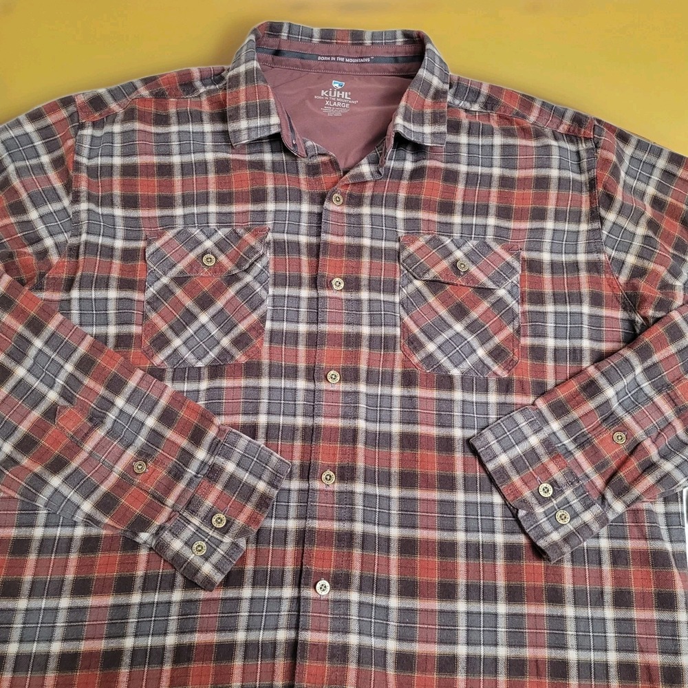 🌲KÜHL Shirt Mens XL Dillingr Long Sleeve Flannel Brown Plaid Hike Gorpcore
